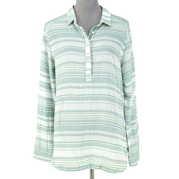 Columbia Top Womens Large White Green Striped Henley Blouse Roll Tab Gorpcore - Picture 1 of 16